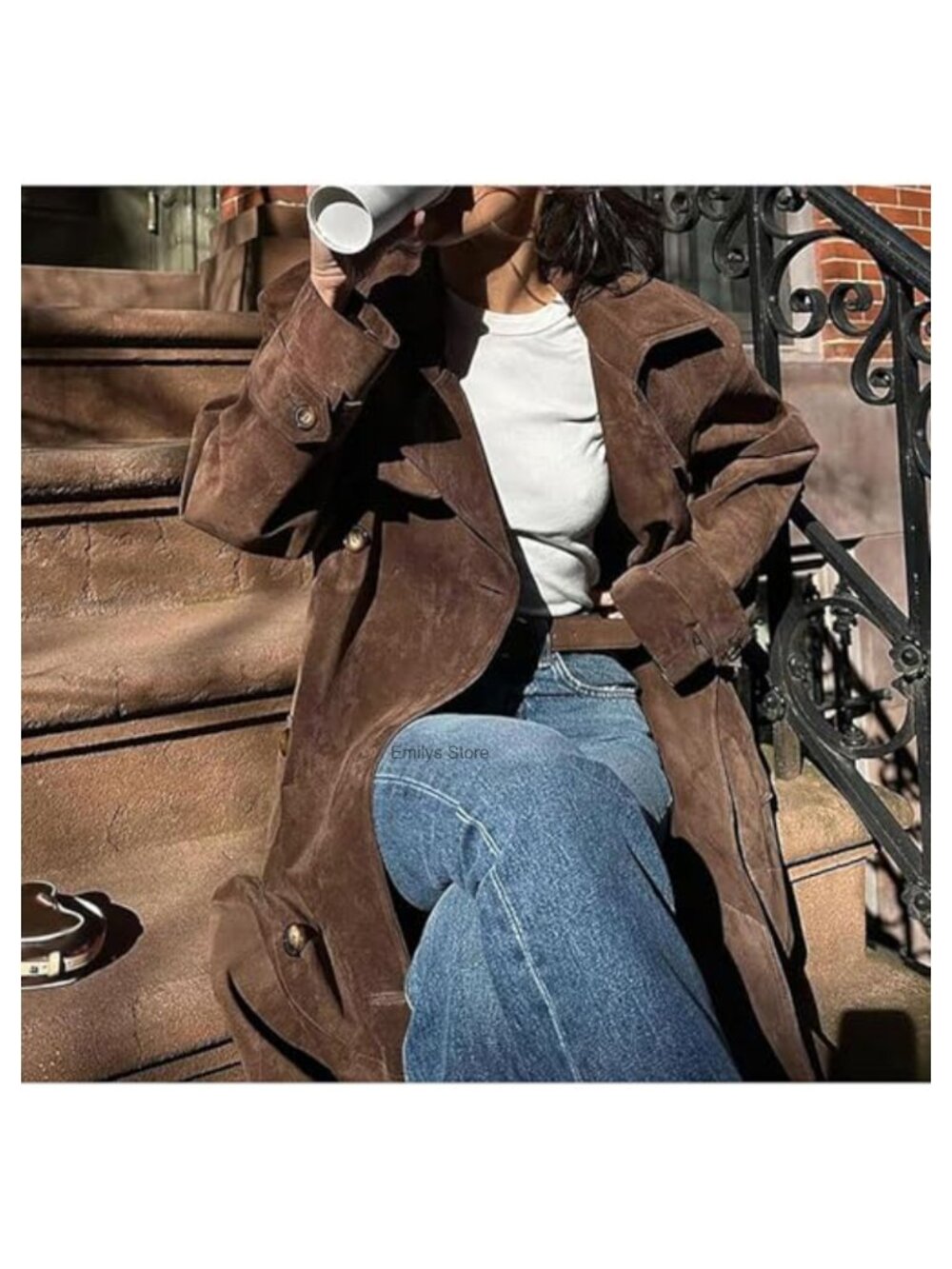Faux Suede Long Trench Coat Notched Lapel Double Breasted Pea Coat Belt - Picture 4 of 6